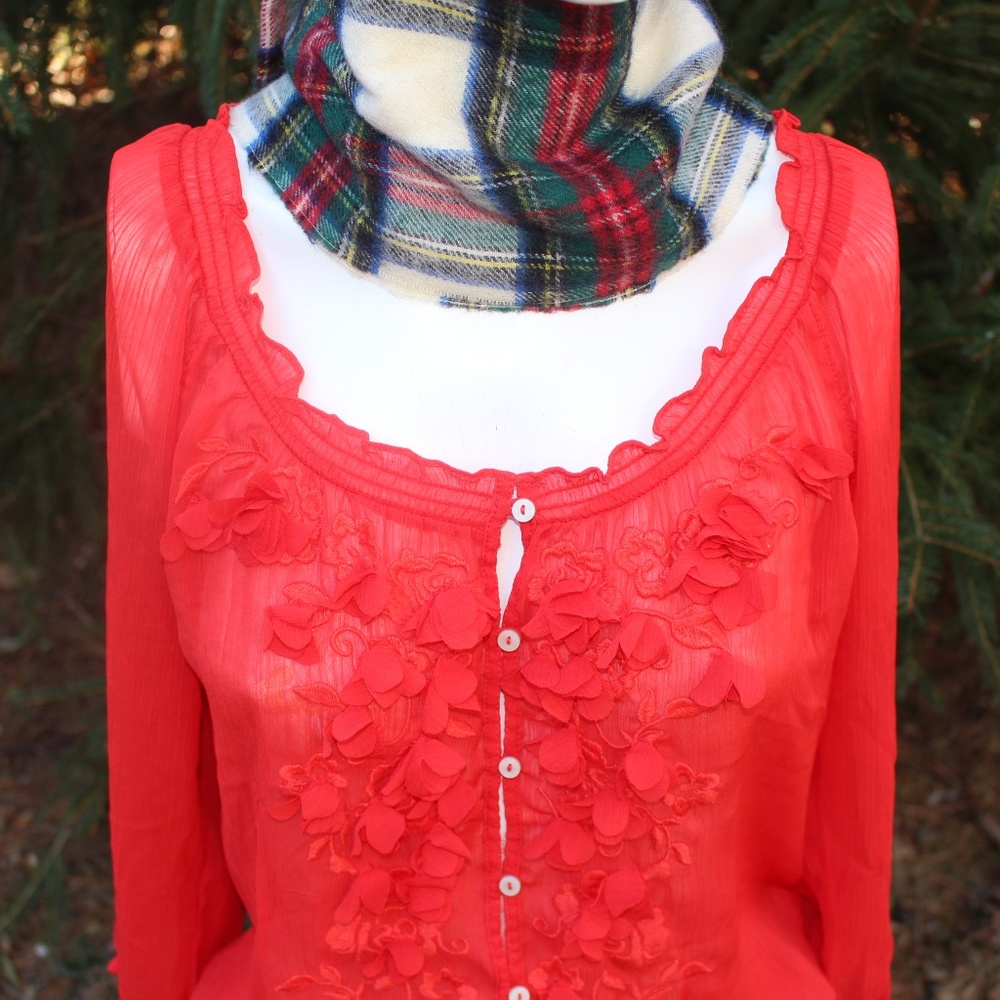 Abercrombie & Fitch Red Sheer Peasant Blouse med